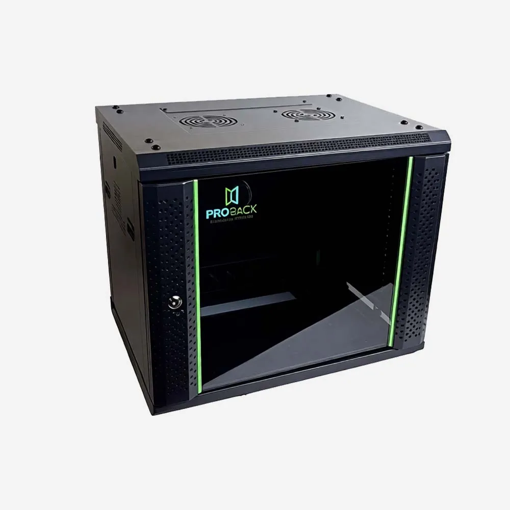 ProRack 9U 600*600 Wall mount cabinet with glass door, 1 fan, 1 shelf and 1 PDU 6 outlet